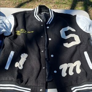Black and White Varsity Jacket with Letter Patches
